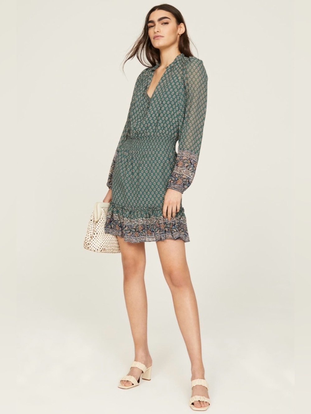 Veronica Beard~Green Printed Long-Sleeve Destiny Mini Dress~Size 4~$598~